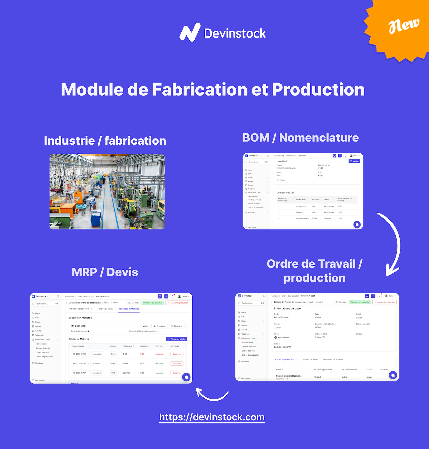 Module de Fabrication et Production Devinstock - BOM, Nomenclature, MRP, Ordres de production au Maroc