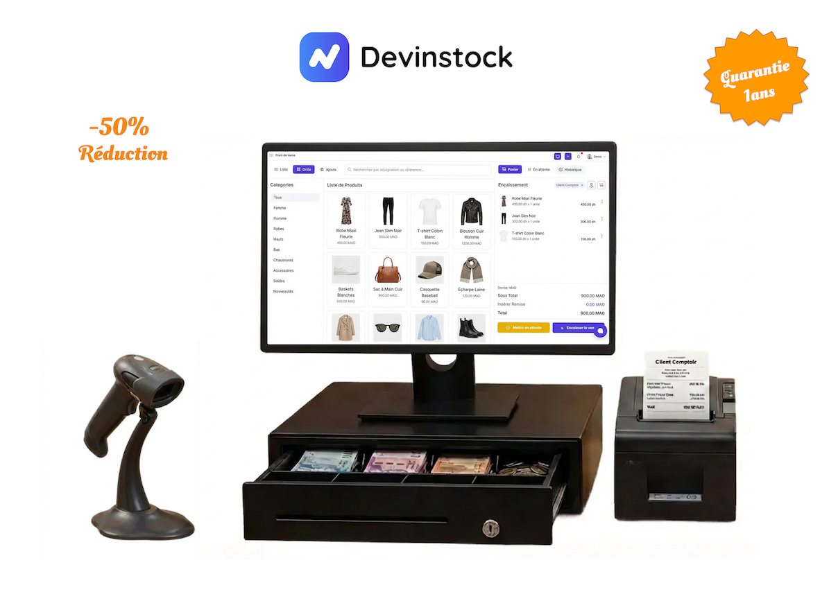 Interface Devinstock POS pour magasin de vêtements - Écran de caisse avec produits, catégories et encaissement