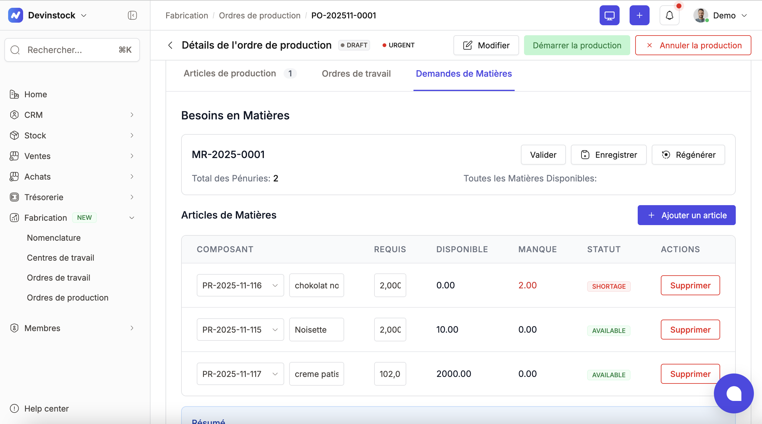 Interface MRP Devinstock - Planification des besoins en composants (MRP) au Maroc
