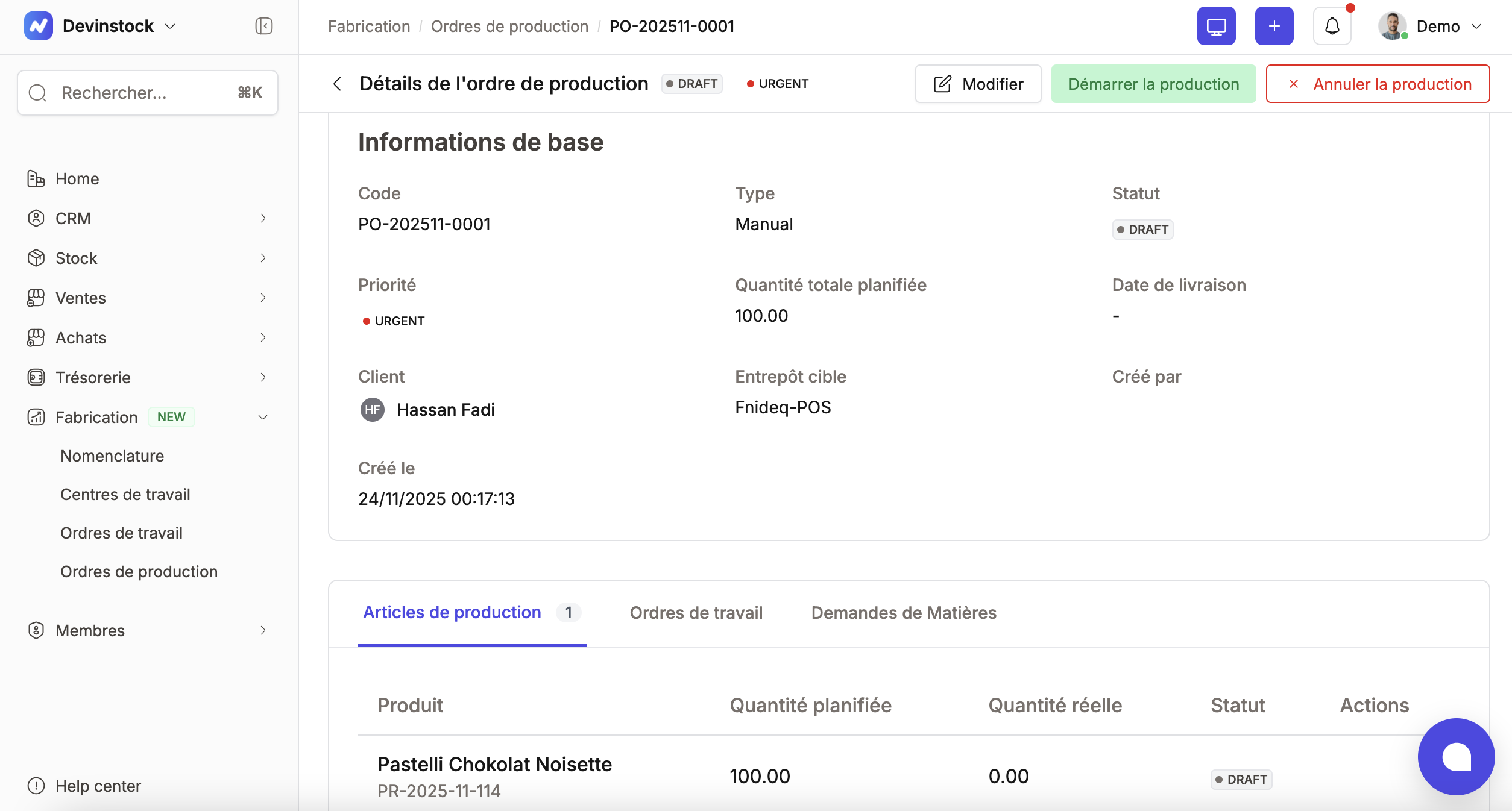 Interface Ordre de Production Devinstock - Gestion des ordres de production au Maroc