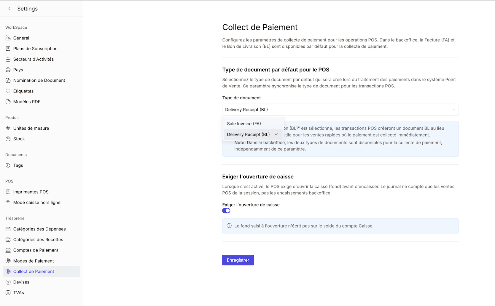 Paramètre Collect de paiement, document POS par défaut Bon de livraison