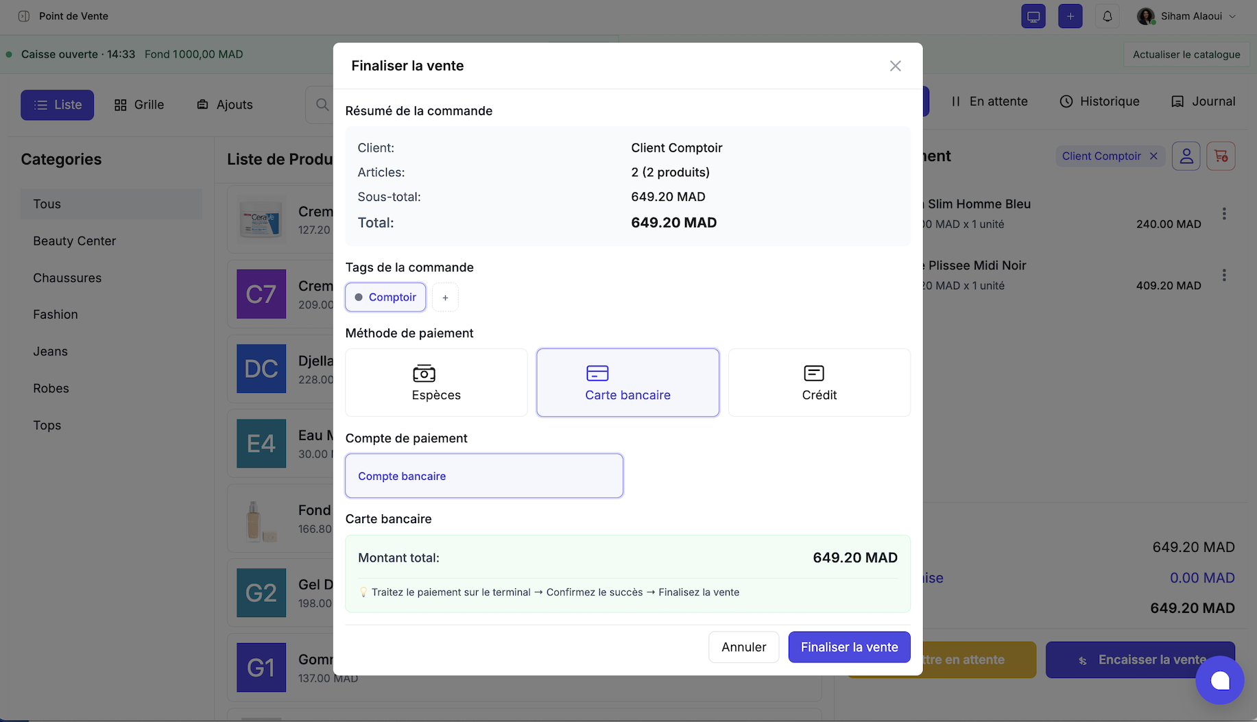 Finaliser la vente, méthode carte bancaire, 649.20 MAD