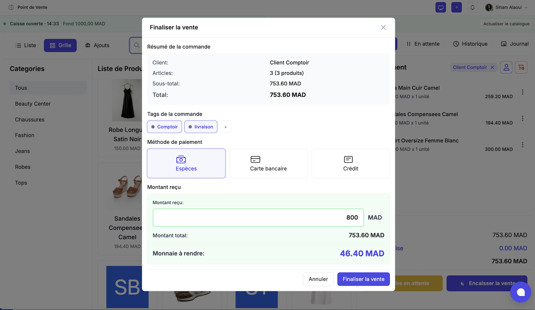 Tags de commande Comptoir et livraison au moment de finaliser