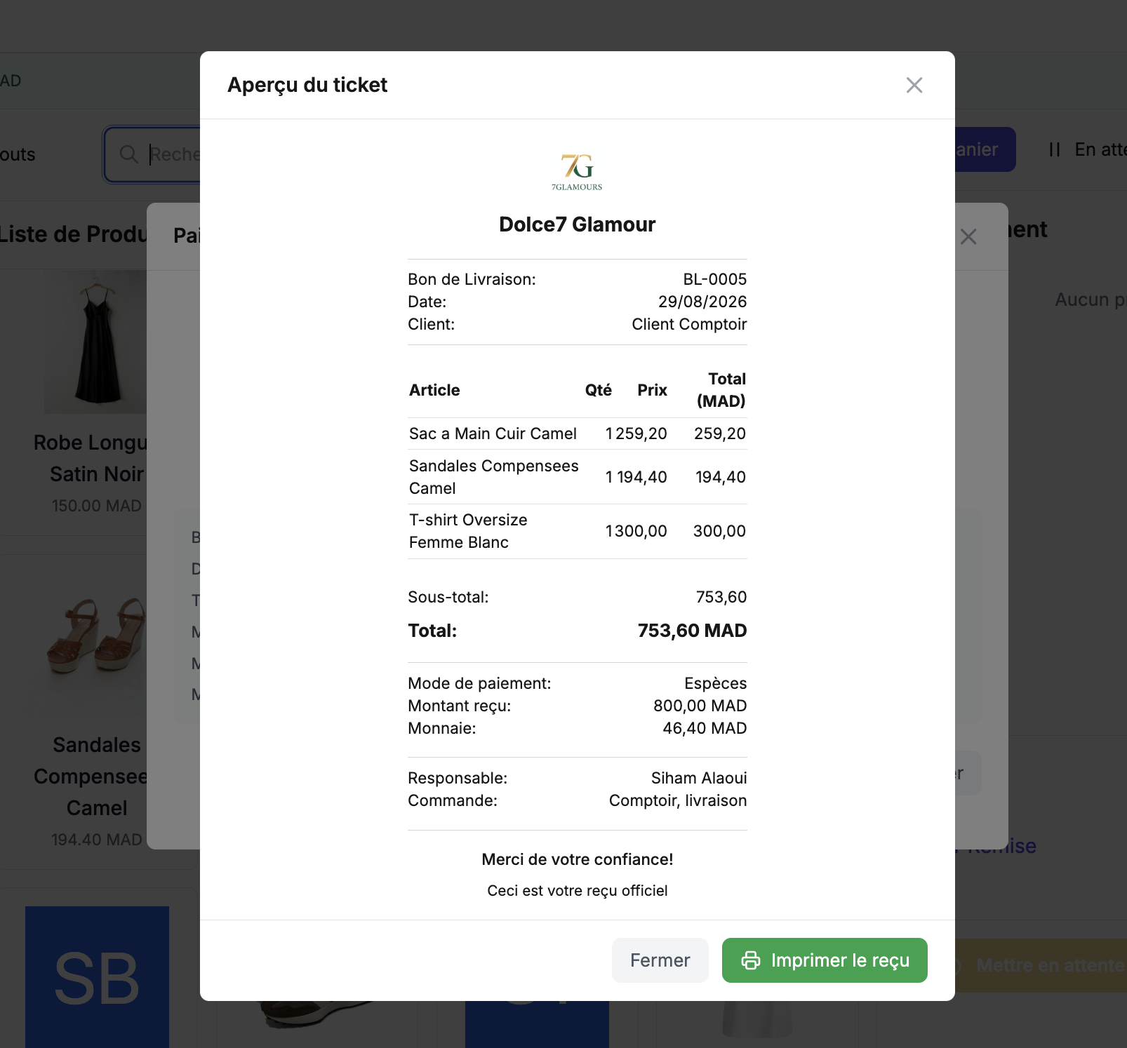 Ticket BL-0005 avec commande Comptoir et livraison